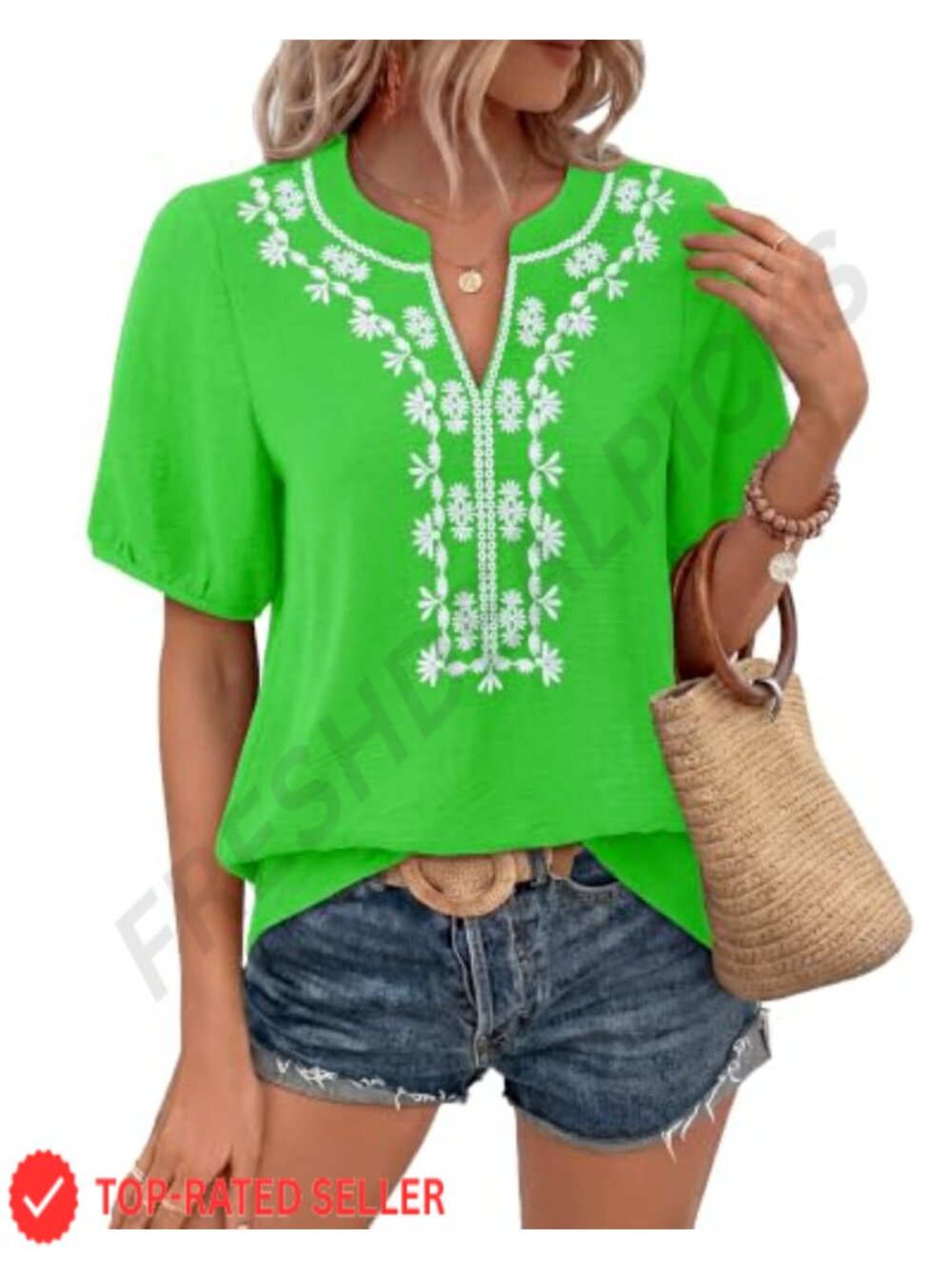 Womens Boho V Neck Bell Sleeve Embroidered Blouse Linen Cotton Loose Fit